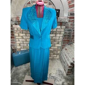 sheath dress blazer jacket embroidered collar teal green blue